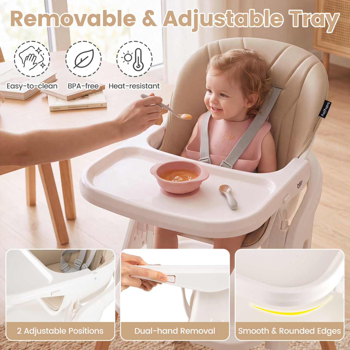 7-in-1 Convertible Foldable Baby High Chair with Adjustable Tray for Kids-Beige