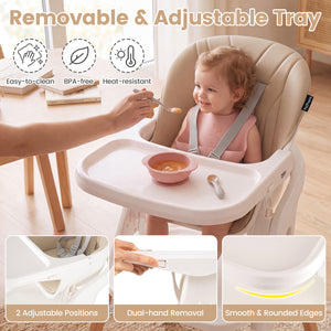 7-in-1 Convertible Foldable Baby High Chair with Adjustable Tray for Kids-Beige