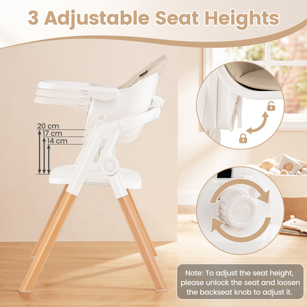 7-in-1 Convertible Foldable Baby High Chair with Adjustable Tray for Kids-Beige