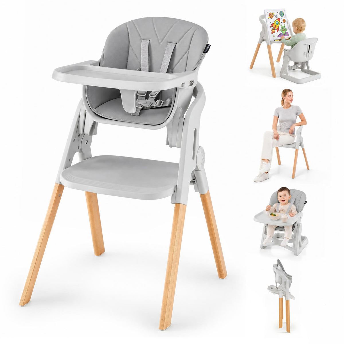 7-in-1 Convertible Foldable Baby High Chair with Adjustable Tray for Kids-Gray