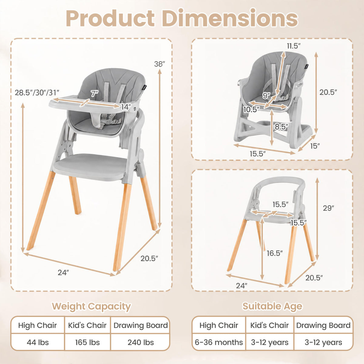 7-in-1 Convertible Foldable Baby High Chair with Adjustable Tray for Kids-Gray