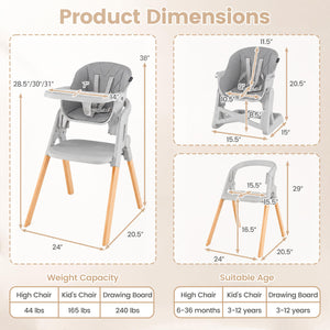 7-in-1 Convertible Foldable Baby High Chair with Adjustable Tray for Kids-Gray