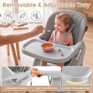 7-in-1 Convertible Foldable Baby High Chair with Adjustable Tray for Kids-Gray