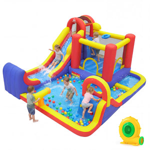 7 in 1 Outdoor Inflatable Bounce House with Water Slides and Splash Pools with 680W Blower