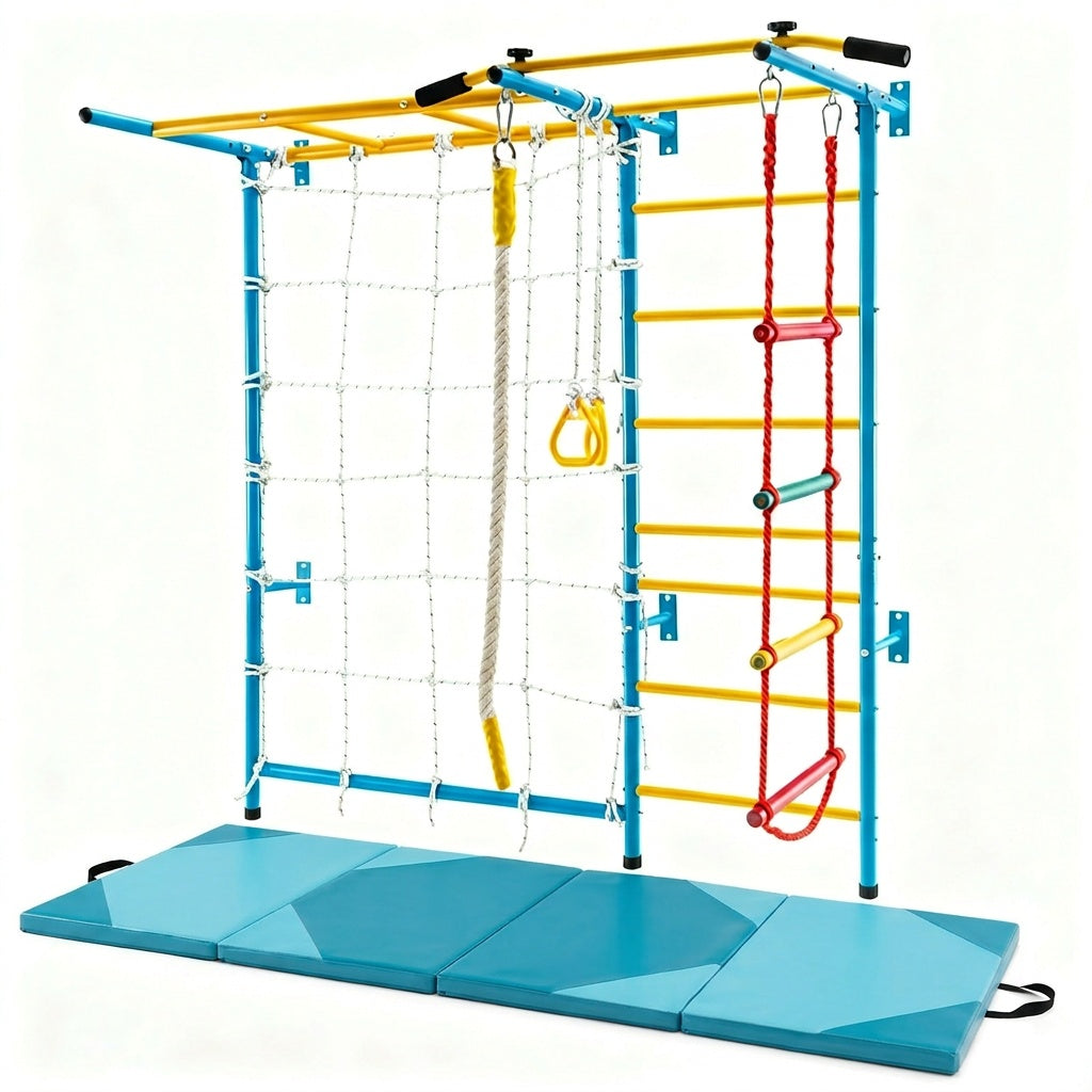 7-in-1 Swedish Ladder with Folding Gymnastics Mat for Solid Wall for Kids