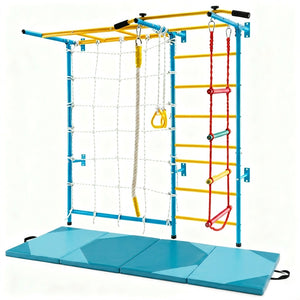 7-in-1 Swedish Ladder with Folding Gymnastics Mat for Solid Wall for Kids
