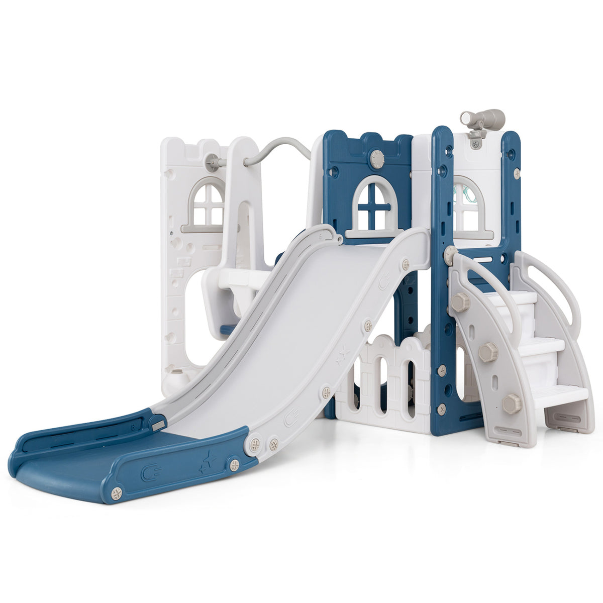 7-in-1 Toddler Swing and Slide Set L-shaped with Ladder and Basketball Hoop-Blue