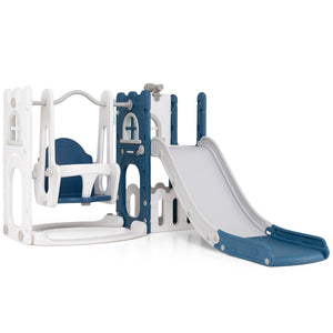 7-in-1 Toddler Swing and Slide Set L-shaped with Ladder and Basketball Hoop-Blue