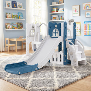 7-in-1 Toddler Swing and Slide Set L-shaped with Ladder and Basketball Hoop-Blue