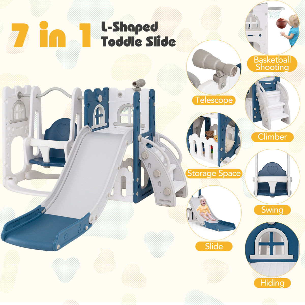 7-in-1 Toddler Swing and Slide Set L-shaped with Ladder and Basketball Hoop-Blue