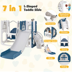 7-in-1 Toddler Swing and Slide Set L-shaped with Ladder and Basketball Hoop-Blue