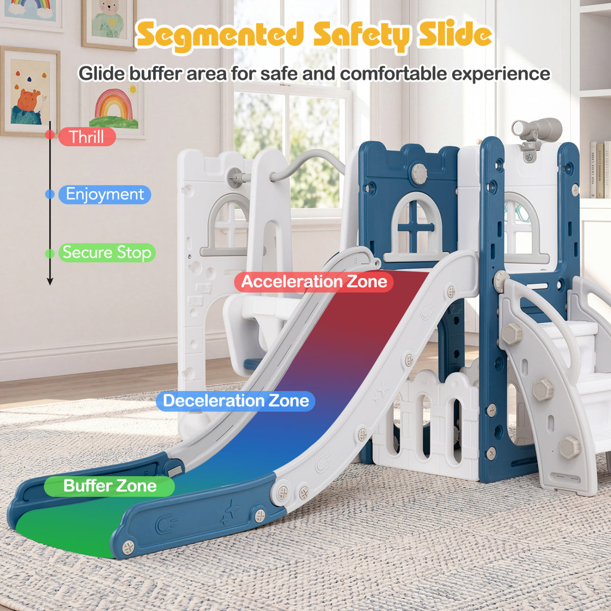 7-in-1 Toddler Swing and Slide Set L-shaped with Ladder and Basketball Hoop-Blue
