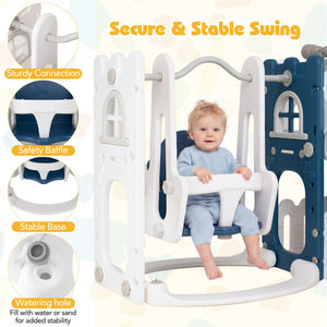 7-in-1 Toddler Swing and Slide Set L-shaped with Ladder and Basketball Hoop-Blue
