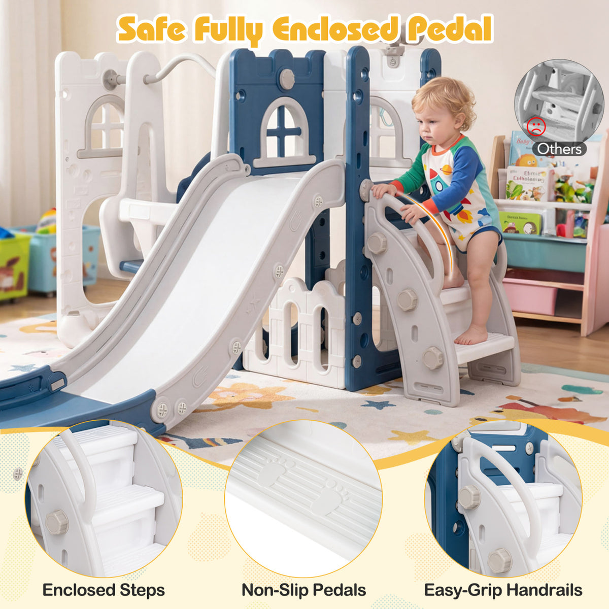7-in-1 Toddler Swing and Slide Set L-shaped with Ladder and Basketball Hoop-Blue