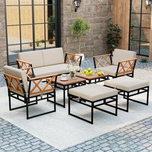 7 Piece Outdoor Conversation Set with Cushions and Bungee Rope Seat-Beige