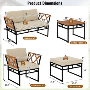 7 Piece Outdoor Conversation Set with Cushions and Bungee Rope Seat-Beige