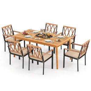 7 Piece Patio Acacia Wood Dining Set Solid Wooden Dining Furniture with Umbrella Hole