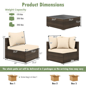 7 Pieces Patio Rattan Furniture Set with Sectional Sofa Cushions-Beige