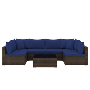 7 Pieces Patio Rattan Furniture Set with Sectional Sofa Cushions-Navy