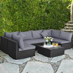 7 Pieces Sectional Wicker Furniture Sofa Set with Tempered Glass Top Coffee Table-Gray