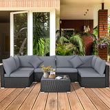 7 Pieces Sectional Wicker Furniture Sofa Set with Tempered Glass Top Coffee Table-Gray