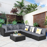 7 Pieces Sectional Wicker Furniture Sofa Set with Tempered Glass Top Coffee Table-Gray