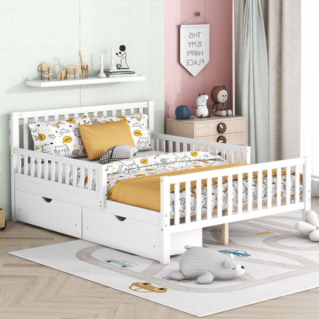 A child's bedroom with a Platform Bed featuring guardrails and 2 storage drawers. The bed has yellow and white animal-themed bedding. The room includes toys, a dresser, wall shelves with figurines, and a light-colored rug with road patterns on the wooden floor.