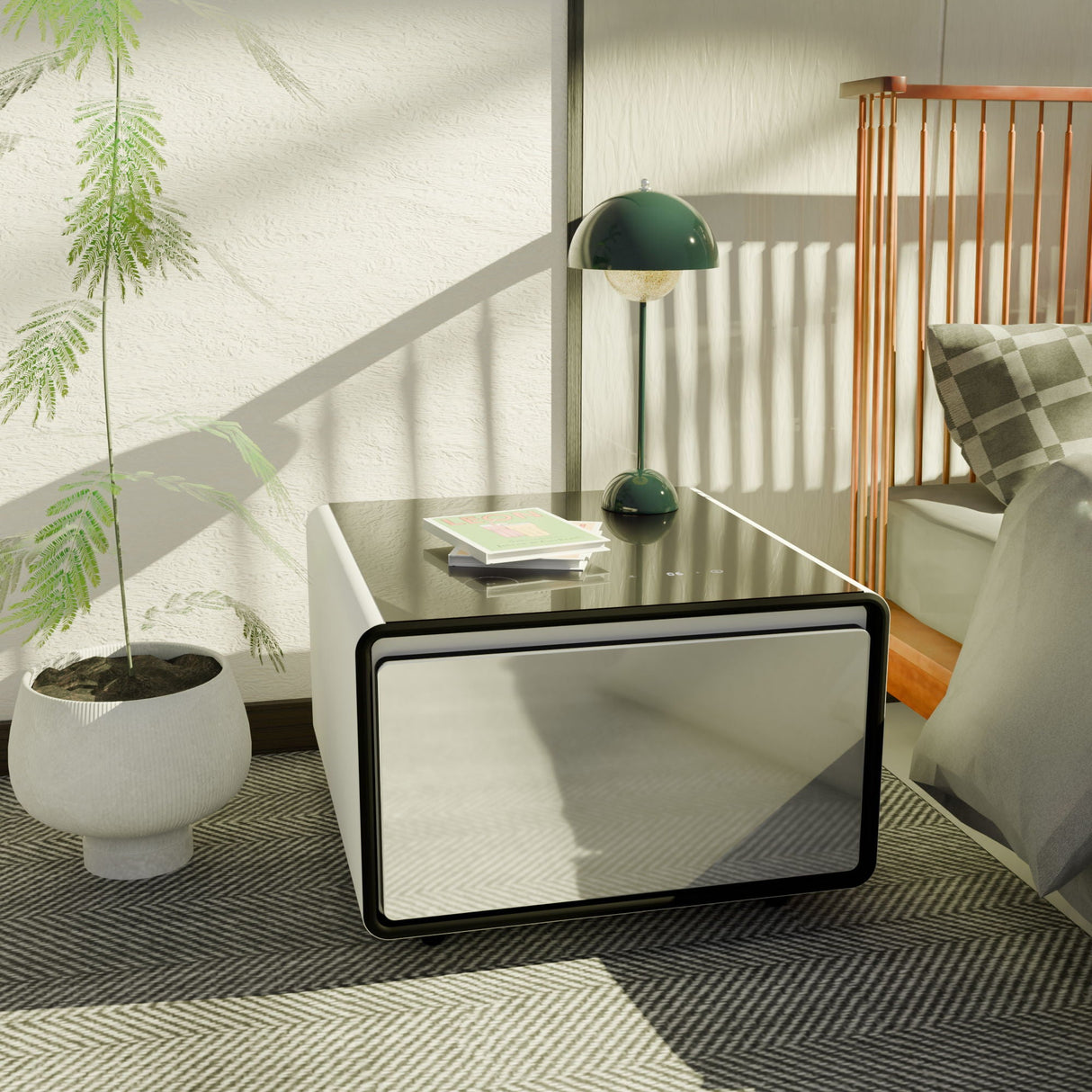 Modern Smart Side Table With Built-In Fridge, Wireless Charging, Temperature Control, Power Socket, USB Ports, Outlet Protection, Induction Light by Couch.com