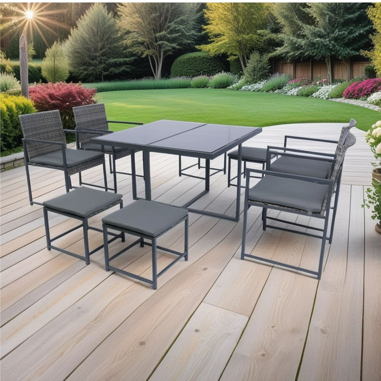 9 Pieces Patio Dining Sets Outdoor Space Saving Rattan Chairs With Glass Table Top Wicker And Cushion - Dark Gray by Couch.com