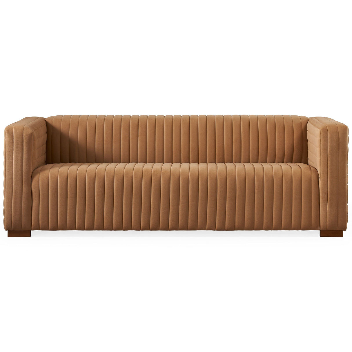 The Elara Upholstered Sofa features a sleek, minimalist design with a tan finish, modern vertical channel tufting, and rectangular armrests, all set on a wooden base against a white background.
