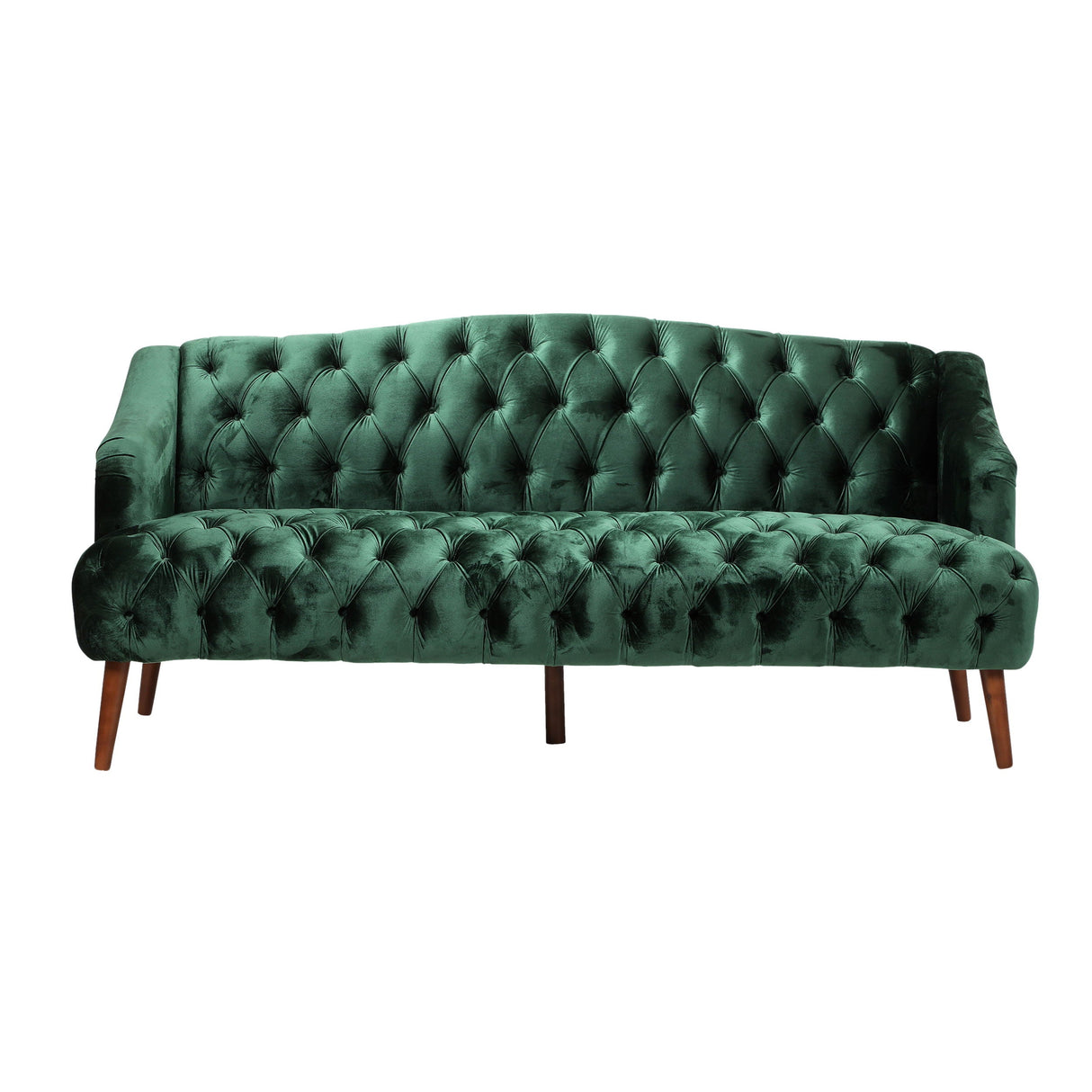 The Comfy 3 Seat Sofa, perfect for living rooms and studies, features green velvet upholstery, a vintage tufted design with a high backrest and deep button detailing on wooden legs, offering an elegant and luxurious appearance.