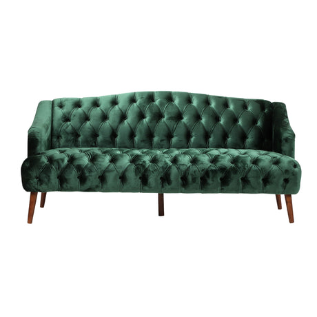 The Comfy 3 Seat Sofa, perfect for living rooms and studies, features green velvet upholstery, a vintage tufted design with a high backrest and deep button detailing on wooden legs, offering an elegant and luxurious appearance.