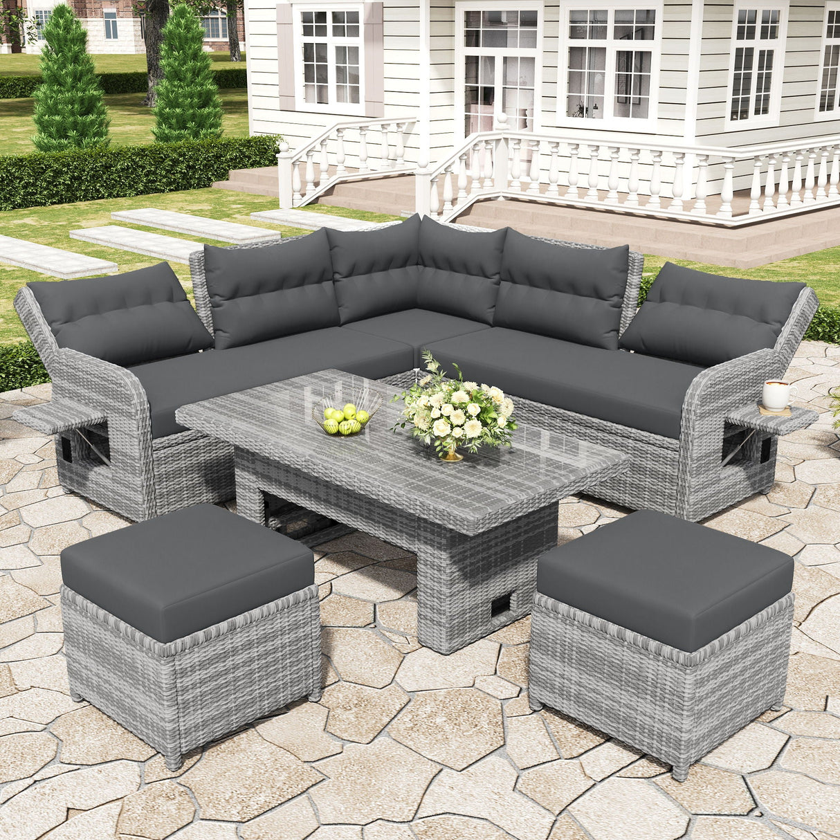 Outdoor Furniture Set Patio Rattan Furniture Set With Adjustable Table, Recliners With Extendable Side Tables And 2 Ottomans by Couch.com