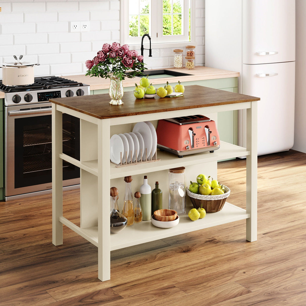 Rustic 3 Piece Stationary Kitchen Island Set With 2 Seatings, With 2 Open Shelves by Couch.com