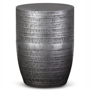 Johnsen 15 Inch Wide Tribal Pattern Metal Accent Table in Antique Silver