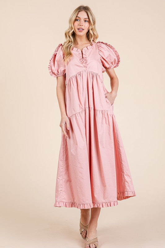 Ruffle Trim Puff Sleeve Tiered Babydoll Midi Dress – Fluttering, Sweet, Elegant, Feminine, and Trendy Babydoll Midi Dress with Ruffle Trim and Puff Sleeves