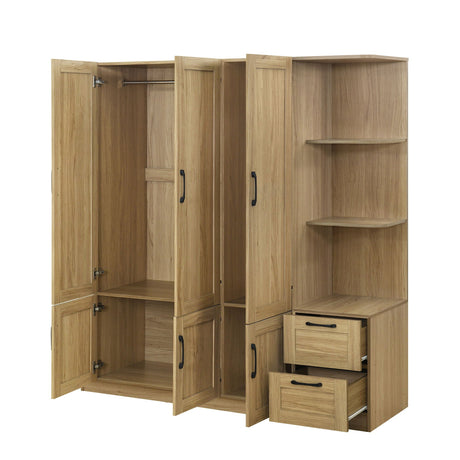 The 3 Door Storage Wardrobe for Bedroom features an open design with sections, shelves, a hanging rod, and 2 drawers. It has a natural wood finish with black handles and includes side storage shelves.