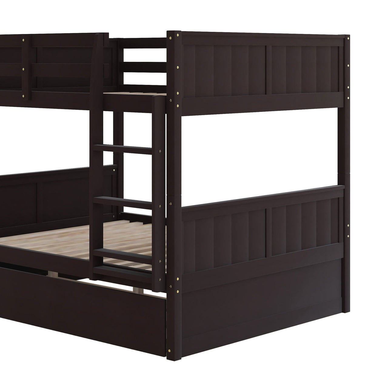 The Bunk Bed With Twin Size Trundle features a dark wood design with an attached side ladder, slatted frames on both bunks, and decorative vertical panels. Styled against a plain white background, it combines minimalist and sturdy characteristics.