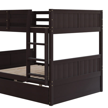 The Bunk Bed With Twin Size Trundle features a dark wood design with an attached side ladder, slatted frames on both bunks, and decorative vertical panels. Styled against a plain white background, it combines minimalist and sturdy characteristics.