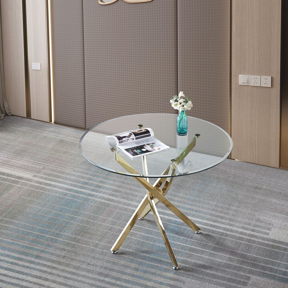 Contemporary Round Clear Dining Tempered Glass Table With Gold Finish Stainless Steel Legs - Gold by Couch.com