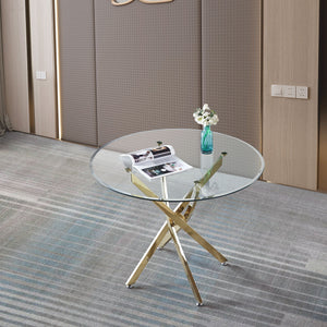 Contemporary Round Clear Dining Tempered Glass Table With Gold Finish Stainless Steel Legs - Gold by Couch.com