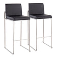 The Fuji Contemporary High Back Barstool features black cushioned seats and backs with sleek, straight silver-finished metal legs and footrests, combining modern style and comfort in a set of two.