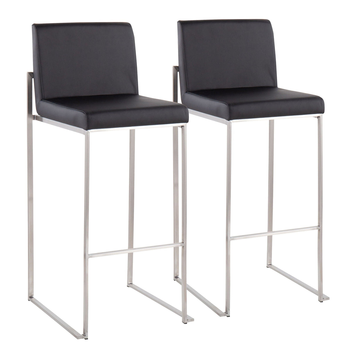 The Fuji Contemporary High Back Barstool features black cushioned seats and backs with sleek, straight silver-finished metal legs and footrests, combining modern style and comfort in a set of two.