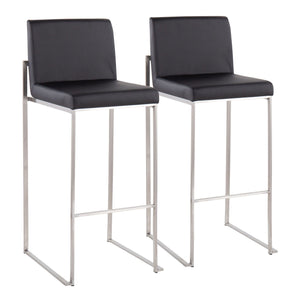 The Fuji Contemporary High Back Barstool features black cushioned seats and backs with sleek, straight silver-finished metal legs and footrests, combining modern style and comfort in a set of two.