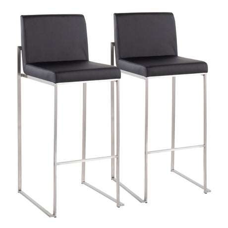 The Fuji Contemporary High Back Barstool features black cushioned seats and backs with sleek, straight silver-finished metal legs and footrests, combining modern style and comfort in a set of two.