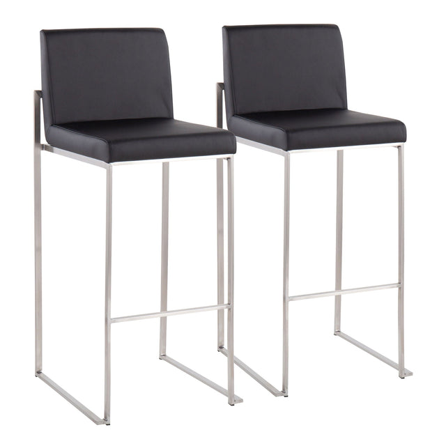 The Fuji Contemporary High Back Barstool features black cushioned seats and backs with sleek, straight silver-finished metal legs and footrests, combining modern style and comfort in a set of two.