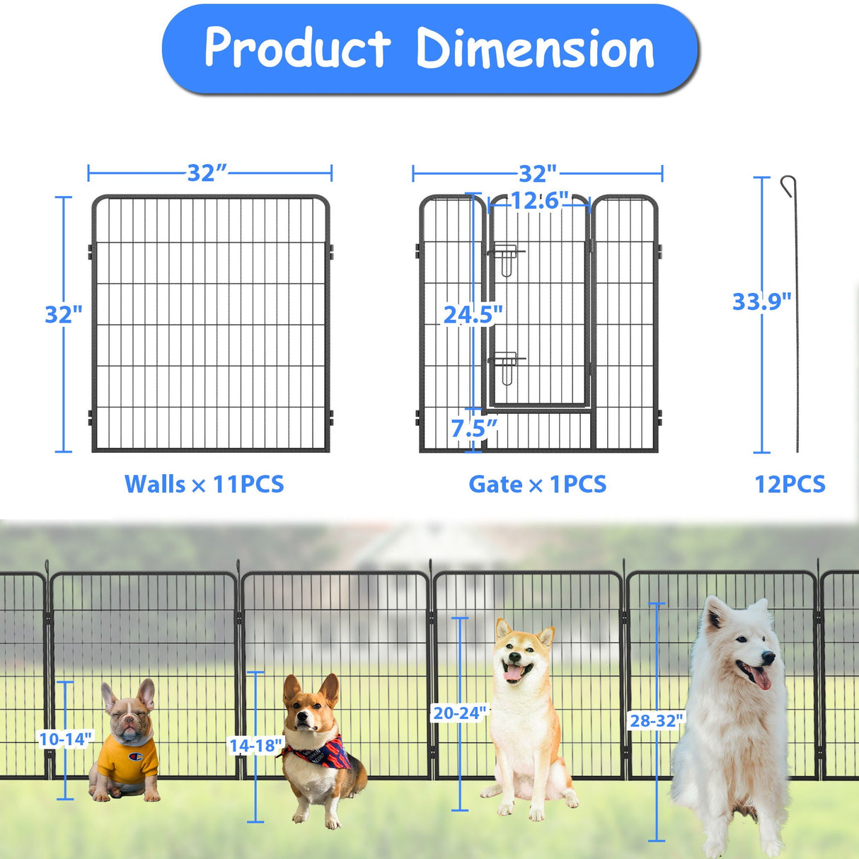 Dog Pens Outdoor Height Foldable 12 Panels Heavy Duty Metal Portable Dog Playpen Indoor Anti Rust Exercise Dog Fence With Doors For Pets Play Pen For RV Camping Yard - Black by Couch.com
