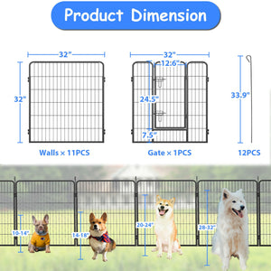 Dog Pens Outdoor Height Foldable 12 Panels Heavy Duty Metal Portable Dog Playpen Indoor Anti Rust Exercise Dog Fence With Doors For Pets Play Pen For RV Camping Yard - Black by Couch.com
