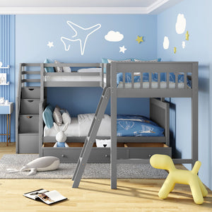 Solid L Shaped Bunk Bed With 3 Drawers, Ladder And Staircase