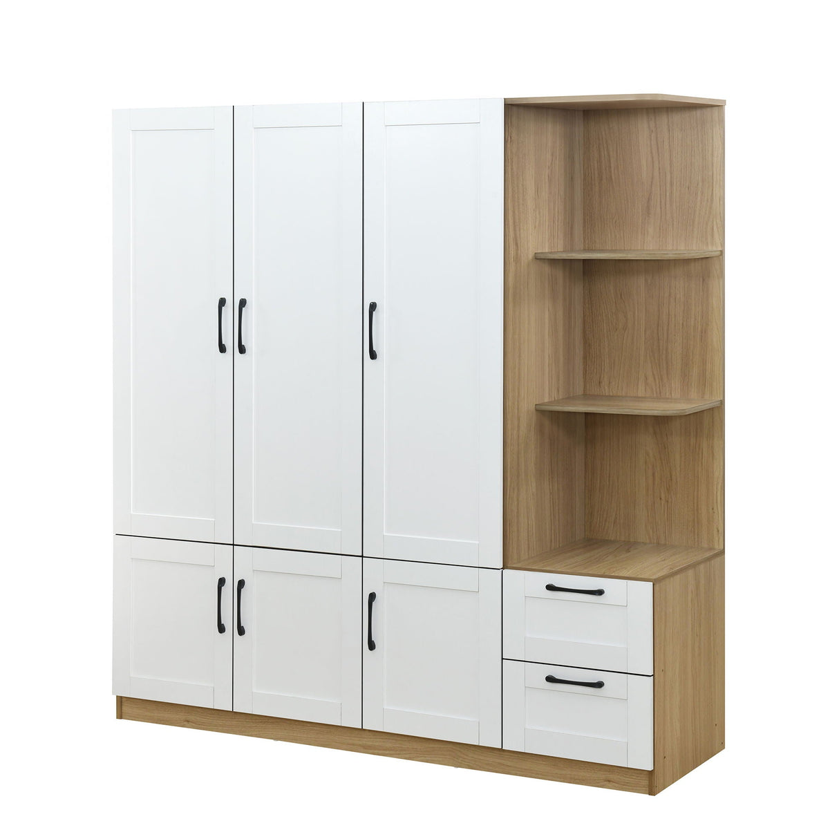 The 3 Door Storage Wardrobe for Bedroom features four white doors, two wooden drawers with black handles, and a side section with open wooden shelves. It combines white and natural wood finishes.